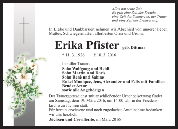 Traueranzeige von Erika Pfister von Südthüringer Presse