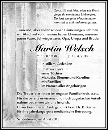 Traueranzeige von Martin Welsch von Südthüringer Presse