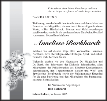 Traueranzeige von Anneliese Burkhardt von Südthüringer Presse