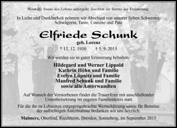 Traueranzeige von Elfriede Schunk von Südthüringer Presse