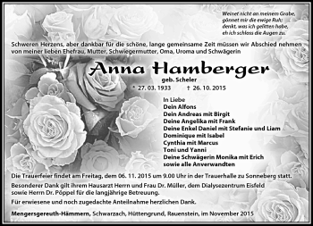 Traueranzeige von Anna Hamberger von Südthüringer Presse