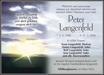 Traueranzeige von Peter Langfeld von Südthüringer Presse