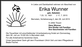 Traueranzeige von Erika Wunner von Frankenpost