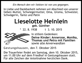 Traueranzeige von Lieselotte Heinlein von Neue Presse Coburg