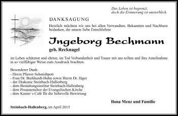 Traueranzeige von Ingeborg Bechmann von Südthüringer Presse