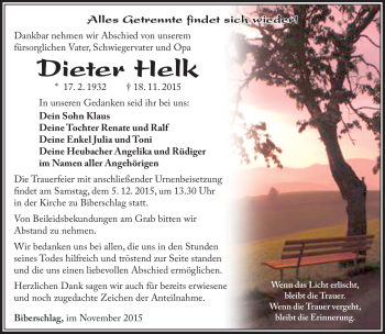 Traueranzeige von Dieter Helk von Südthüringer Presse