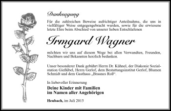 Traueranzeige von Irmgard Wagner von Südthüringer Presse