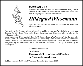 Traueranzeige von Hildegard Wiesemann von Südthüringer Presse