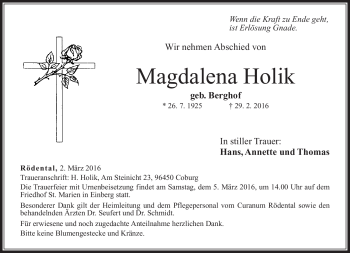 Traueranzeige von Magdalena Holik von Neue Presse Coburg