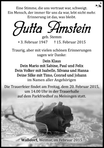 Traueranzeige von Jutta Amstein von Südthüringer Presse
