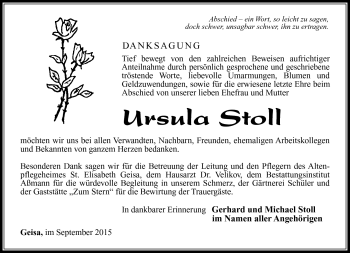 Traueranzeige von Ursula Stoll von Südthüringer Presse