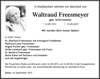 Traueranzeige von Waltraud Freesmeyer von Südthüringer Presse