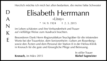 Traueranzeige von Elisabeth Herrmann von Neue Presse Coburg