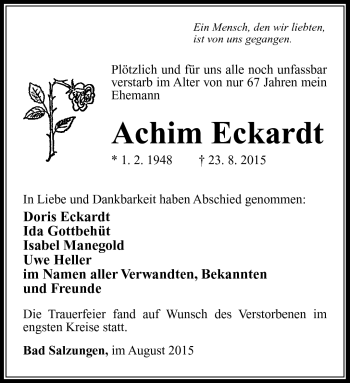 Traueranzeige von Achim Eckardt von Südthüringer Presse