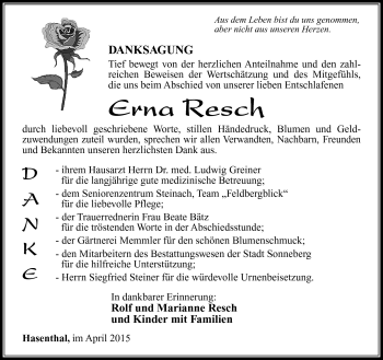 Traueranzeige von Erna Resch von Südthüringer Presse