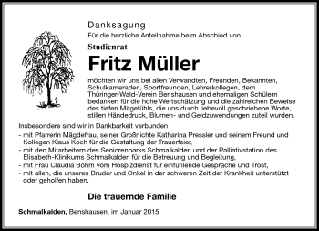 Traueranzeige von Fritz Müller von Südthüringer Presse