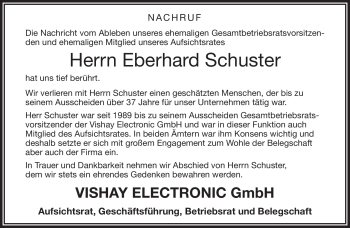 Traueranzeige von Eberhard Schuster von Frankenpost