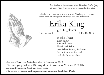Traueranzeige von Erika Klug von Neue Presse Coburg