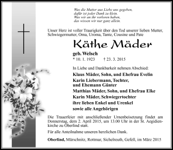 Traueranzeige von Käthe Mäder von Südthüringer Presse