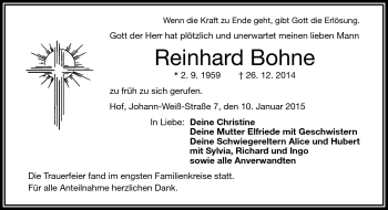 Traueranzeige von Reinhard Bohne von Frankenpost