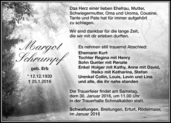 Traueranzeige von Margot Schrumpf von Südthüringer Presse