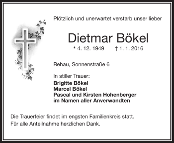 Traueranzeige von Dietmar Bökel von Frankenpost