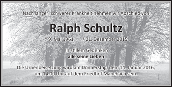 Traueranzeige von Ralph Schultz von Südthüringer Presse