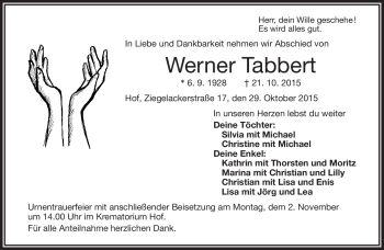 Traueranzeige von Werner Tabbert von Frankenpost