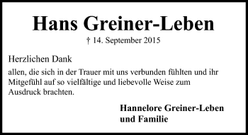 Traueranzeige von Hans Greiner-Leben von Südthüringer Presse