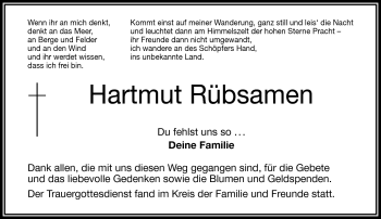 Traueranzeige von Hartmut Rübsamen von Frankenpost