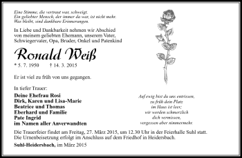 Traueranzeige von Ronald Weiß von Südthüringer Presse