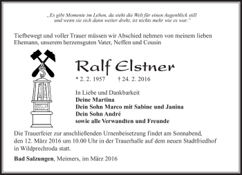 Traueranzeige von Ralf Elstner von Südthüringer Presse