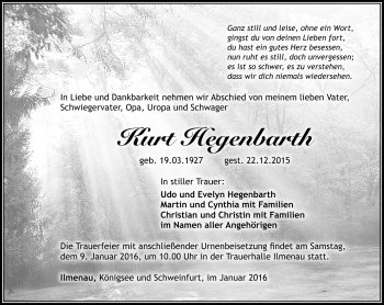 Traueranzeige von Kurt Hegenbarth von Südthüringer Presse