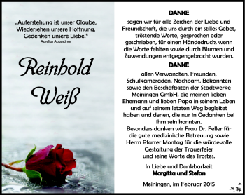 Traueranzeige von Reinhold Weiß von Südthüringer Presse