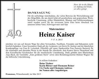 Traueranzeige von Heinz Kaiser von Südthüringer Presse