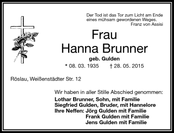 Traueranzeige von Hanna Brunner von Frankenpost