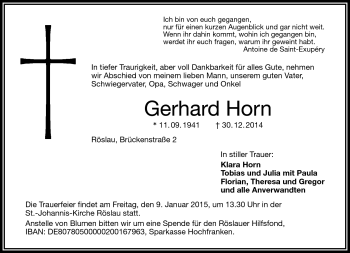 Traueranzeige von Gerhard Horn von Frankenpost