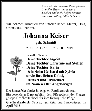 Traueranzeige von Johanna Keiser von Südthüringer Presse