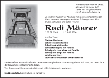 Traueranzeige von Rudi Mäurer von Südthüringer Presse