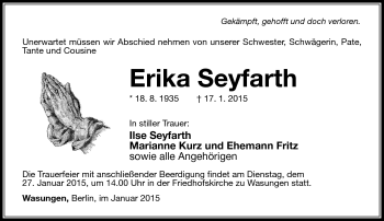 Traueranzeige von Erika Seyfarth von Südthüringer Presse