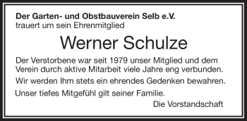 Traueranzeige von Werner Schulze von Frankenpost
