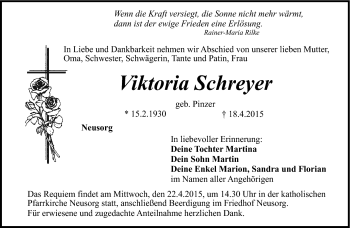 Traueranzeige von Viktoria Schreyer von Frankenpost