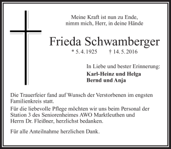 Traueranzeige von Frieda Schwamberger von Frankenpost