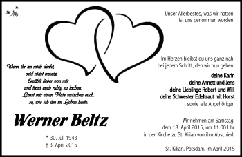 Traueranzeige von Werner Beltz von Südthüringer Presse