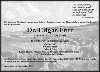 Traueranzeige von Edgar Fritz von Südthüringer Presse