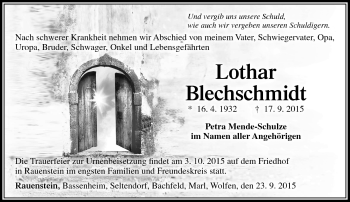 Traueranzeige von Lothar Blechschmidt von Südthüringer Presse