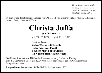 Traueranzeige von Christa Juffa von Südthüringer Presse