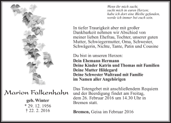 Traueranzeige von Marion Falkenhahn von Südthüringer Presse