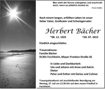 Traueranzeige von Herbert Bächer von Frankenpost