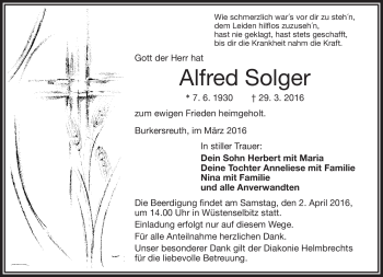 Traueranzeige von Alfred Solger von Frankenpost